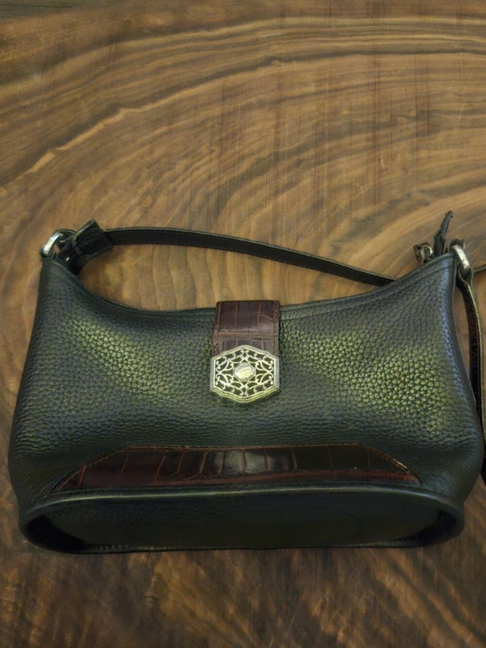 Brighton Pebbled Leather Hobo Bag Croc Trimmed Shoulder Bag Silver Tone Hardware
